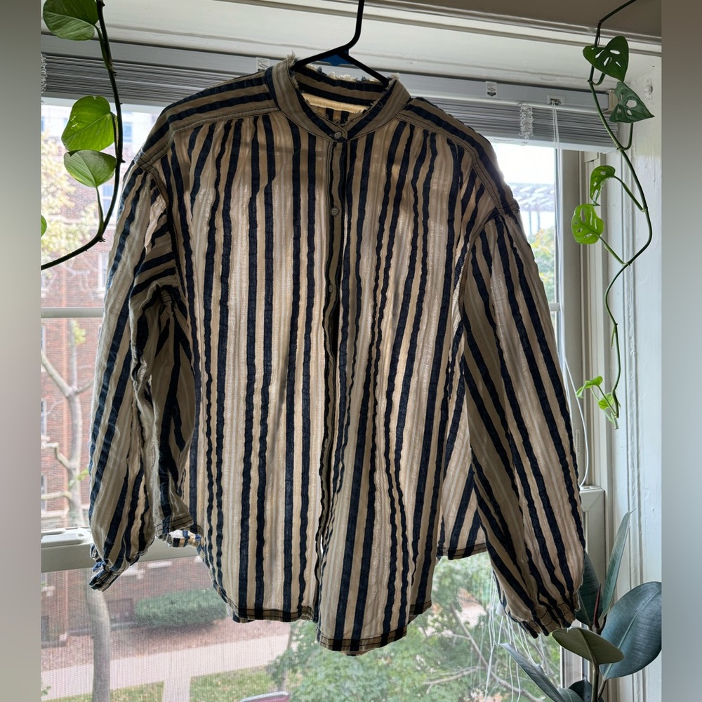We The Free Free People Blue & Cream Striped Smock Blouse Size Small